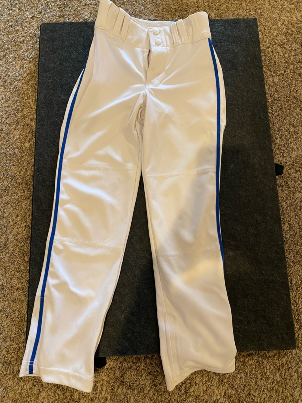 Youth White Baseball Pants with Blue Side Stripe